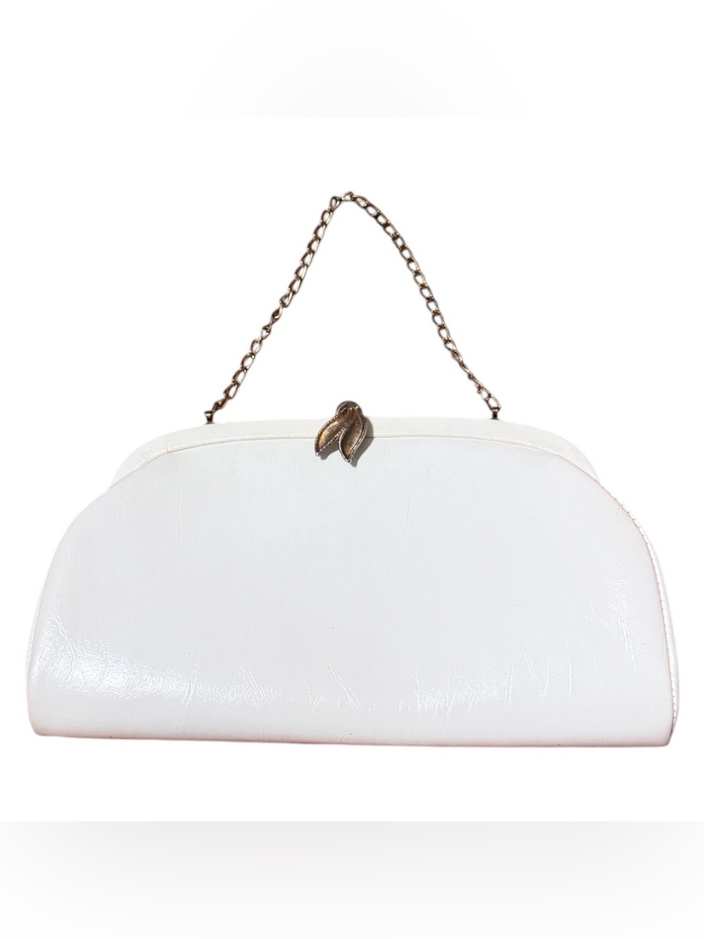 1950’s Vintage White Vinyl Handbag, Clutch with Gold Strap, Cocktail Purse, Ex